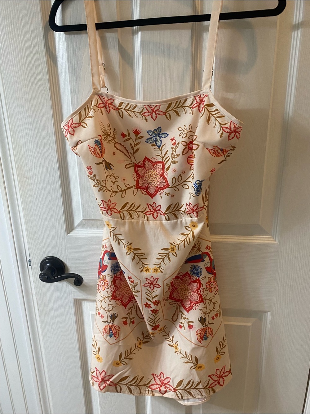 Trendy boutique Cream Floral Embroidered Spaghetti-Strap Mini Dress